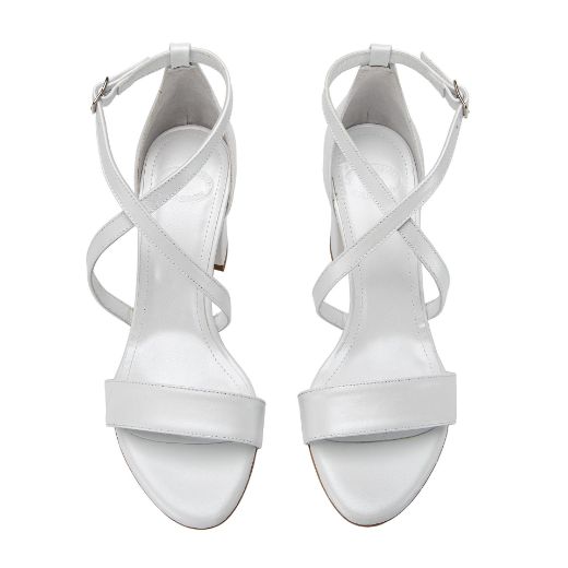 minimal white bridal block heel sandals with crossover straps 8 cm