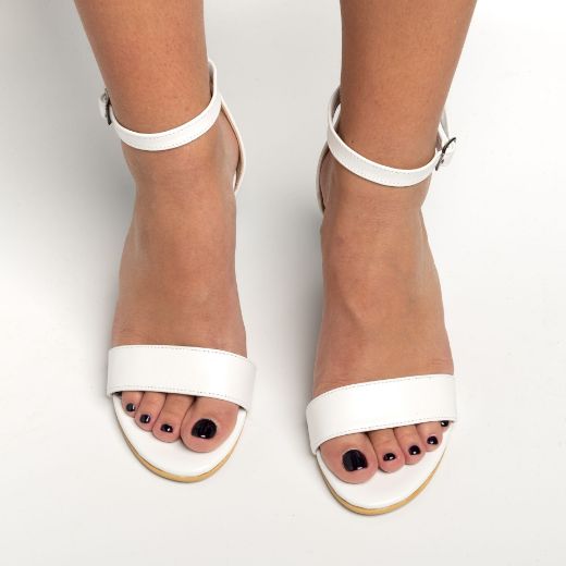 Elegant white leather bridal sandals with block heel