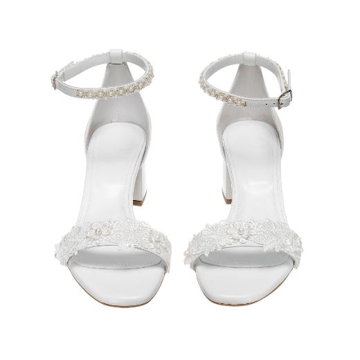 Handmade white 5 cm bridal block heel sandals with embroidered lace and crystal ankle strap