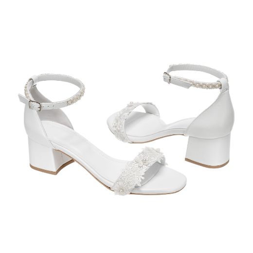 white lace crystal bridal sandals with 5 cm block heel