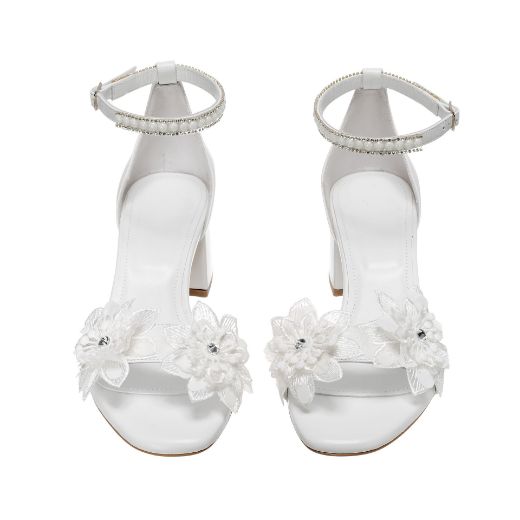 Handmade white 5 cm bridal block heel sandals with lace flowers, pearls and crystal ankle strap