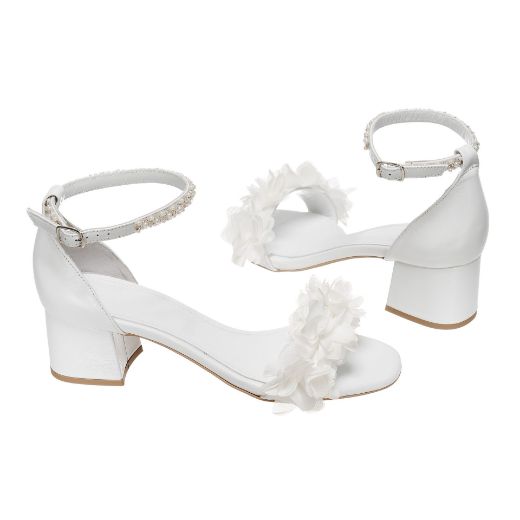 Handmade white 5 cm bridal block heel sandals with soft floral embellishments and crystal ankle strap