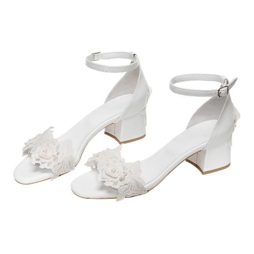Handmade white 5 cm bridal block heel sandals with lace flowers, pearls and floral heel detail
