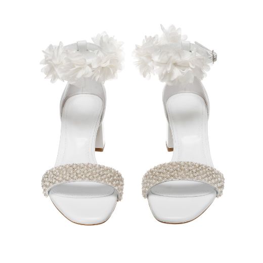 white pearl floral bridal sandals with 5 cm block heel
