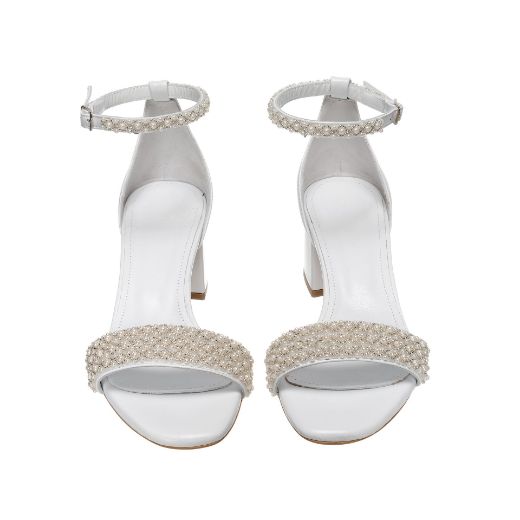 Handmade white bridal block heel sandals with pearl embellished ankle and front straps