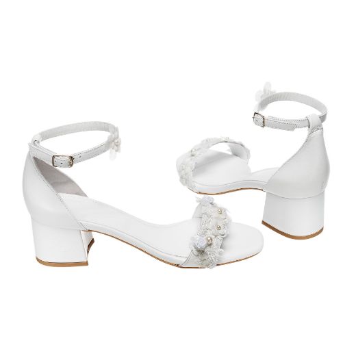 white pearl lace bridal sandals with 5 cm block heel
