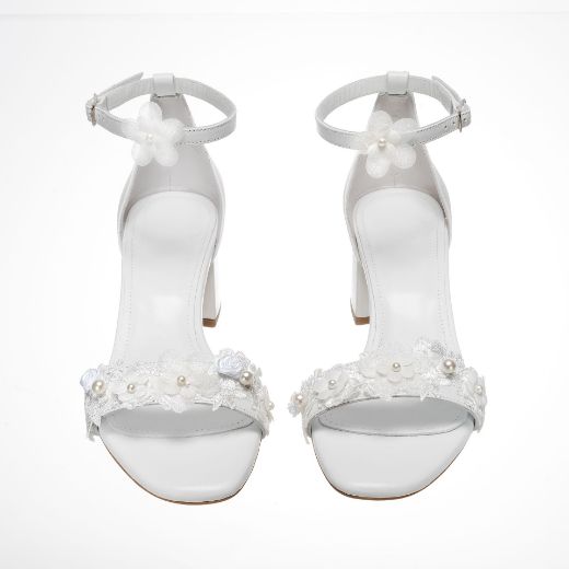 Handmade white 5 cm bridal block heel sandals with pearl, lace and floral embellishments