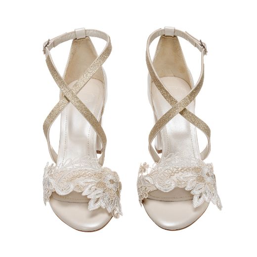 ivory lace and glitter bridal sandals with 8 cm block heel