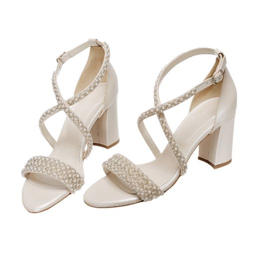 Handmade ivory bridal block heel sandals with pearl front strap and crystal cross straps