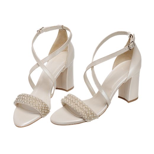 Handmade ivory bridal block heel sandals with pearl embellished cross straps and front strap