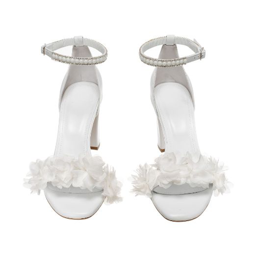 white pearl floral bridal sandals with 8 cm block heel