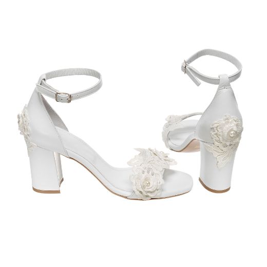 white floral pearl bridal sandals with 8 cm block heel