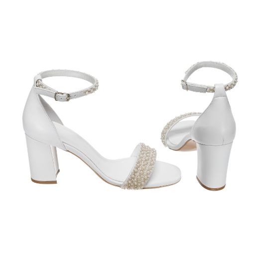 white pearl bridal sandals with 8 cm block heel