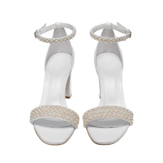 Handmade white bridal block heel sandals with pearl embellished ankle and front straps