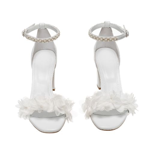 white pearl floral bridal sandals with 8 cm block heel