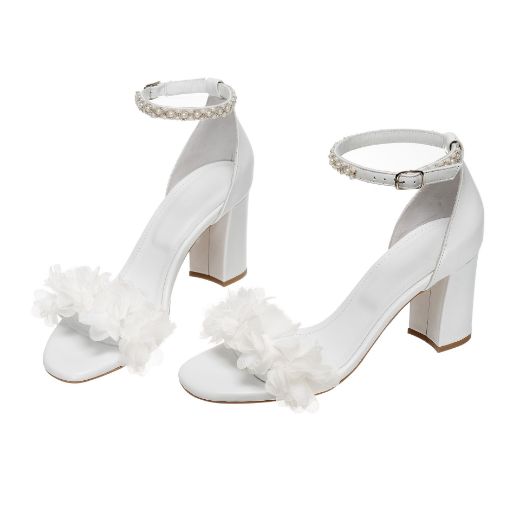 Handmade white bridal block heel sandals with pearl ankle strap and floral embellishments