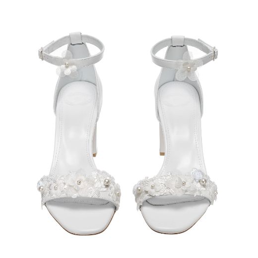 white pearl lace bridal sandals with 8 cm block heel