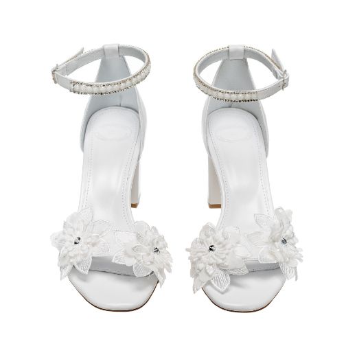 white pearl floral bridal sandals with 8 cm block heel