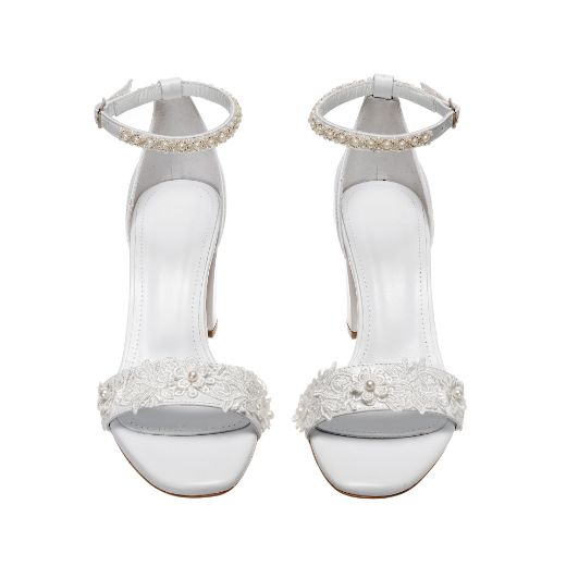 white pearl lace bridal sandals with 8 cm block heel
