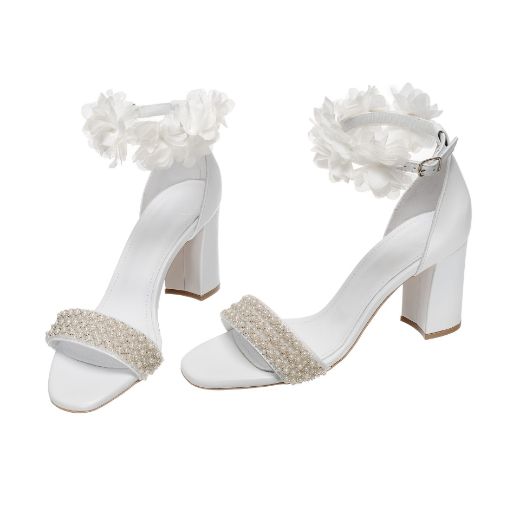 white pearl floral bridal sandals with 8 cm block heel