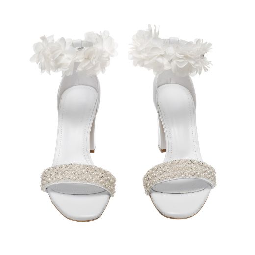 Handmade white bridal block heel sandals with pearl front strap and floral ankle strap