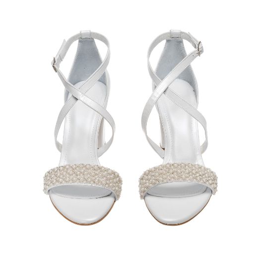 white pearl bridal sandals with 8 cm block heel