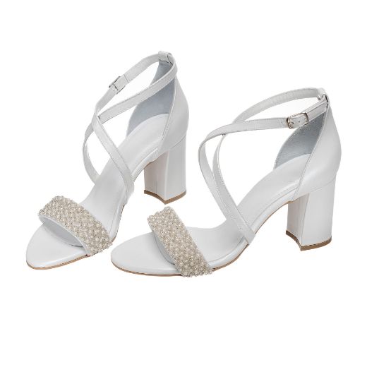 Handmade white bridal block heel sandals with pearl embellished front strap