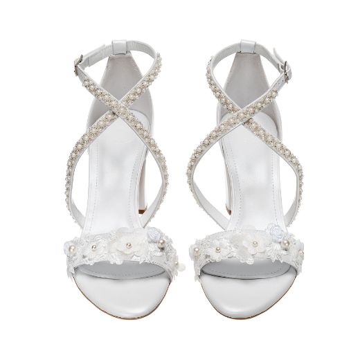 white pearl lace bridal sandals with 8 cm block heel