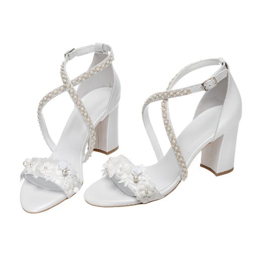 Handmade white bridal block heel sandals with pearl and lace embellishments