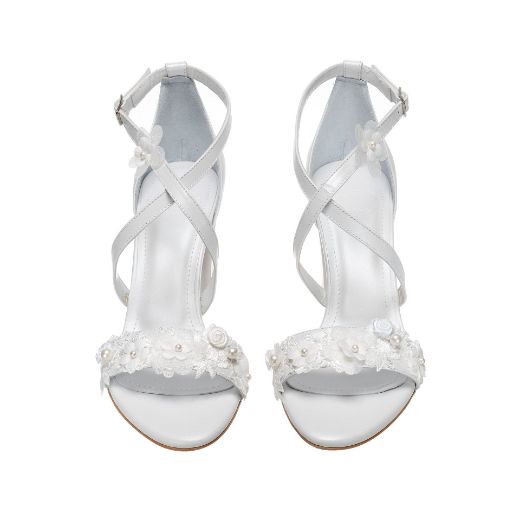 white lace pearl bridal sandals with 8 cm block heel