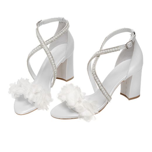 white bridal sandals with rhinestones and 8 cm block heel