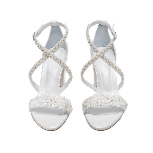 white bridal sandals with rhinestones, lace and 8 cm block heel