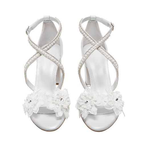 white bridal sandals with rhinestones and 8 cm block heel