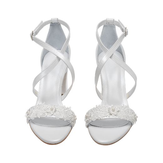 white lace bridal sandals with cross straps and 8 cm block heel