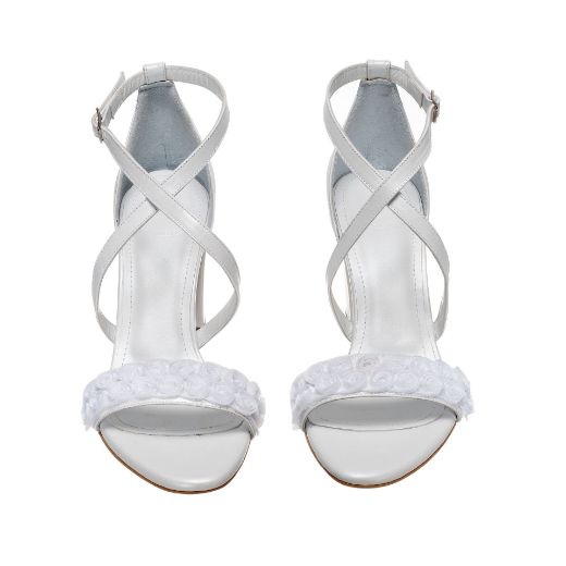 Handmade white bridal block heel sandals with fabric roses