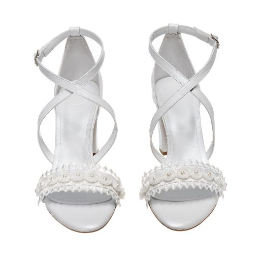Handmade bridal block heel sandals with pearl embellished strap