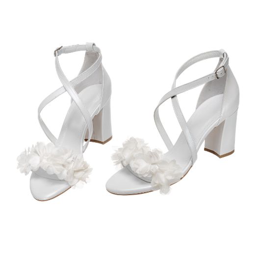 Handmade bridal block heel sandals with cross straps and floral details