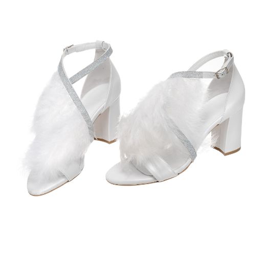 Handmade bridal block heel sandals with feather embellishments