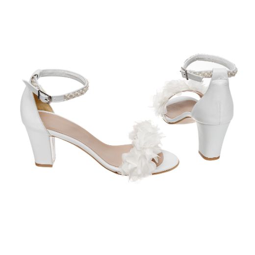 Handmade bridal block heel sandals with 3D floral embellishments