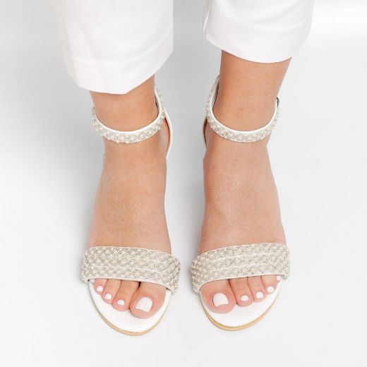 White leather bridal block heel sandals