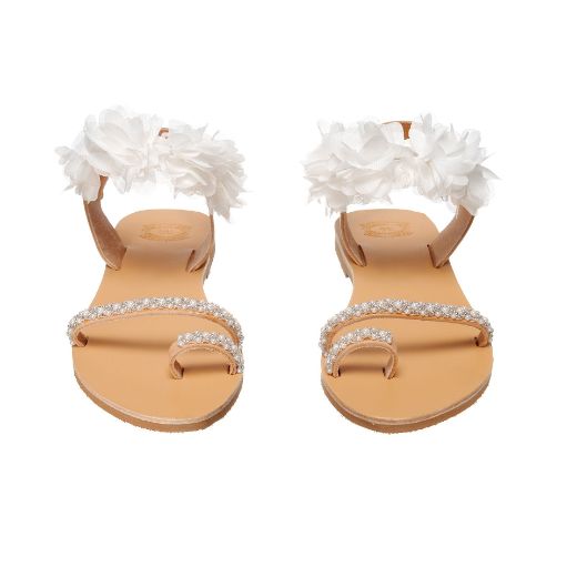 leather bridal sandals with white flowers and pearls