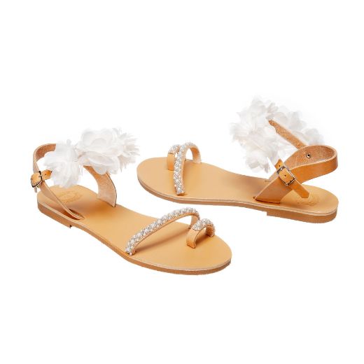 Handmade flat bridal sandals with floral ankle detail and pearl straps