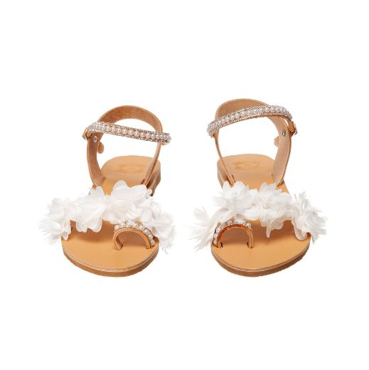 leather bridal sandals with white flowers and rhinestones
