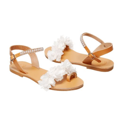 Handmade flat bridal sandals with floral details and rhinestone ankle strap