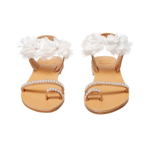 leather bridal sandals with white flowers and pearl straps