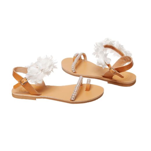 Handmade flat bridal sandals with floral ankle detail and pearls