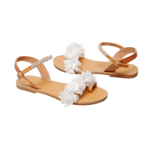 Handmade flat bridal sandals with floral front detail and pearls