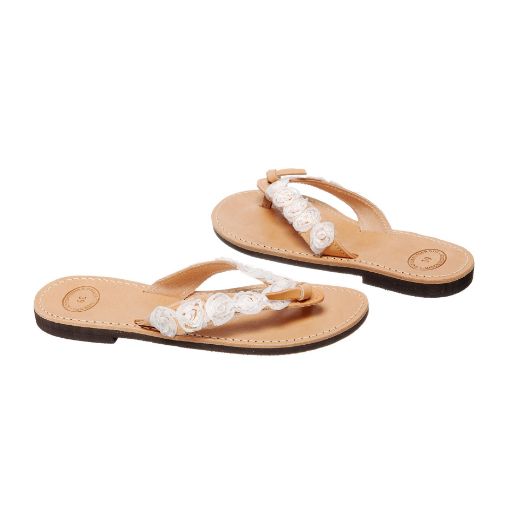 Handmade flat bridal sandals with white rose embellished straps