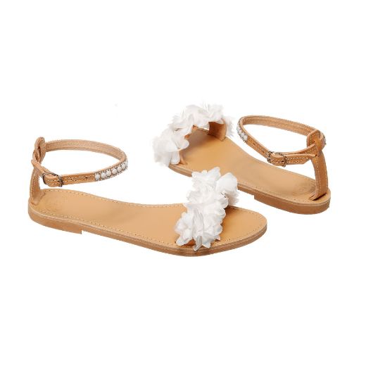 Handmade flat bridal sandals with floral front detail and elegant pearls