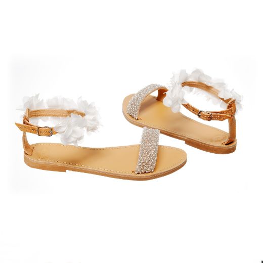 Handmade flat bridal sandals with floral ankle detail and pearl front strap